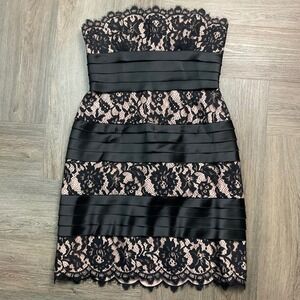 BCBGMAXAZRIA Lace Overlay Satin Tiered Strapless Dress Womens 6P Petites Black